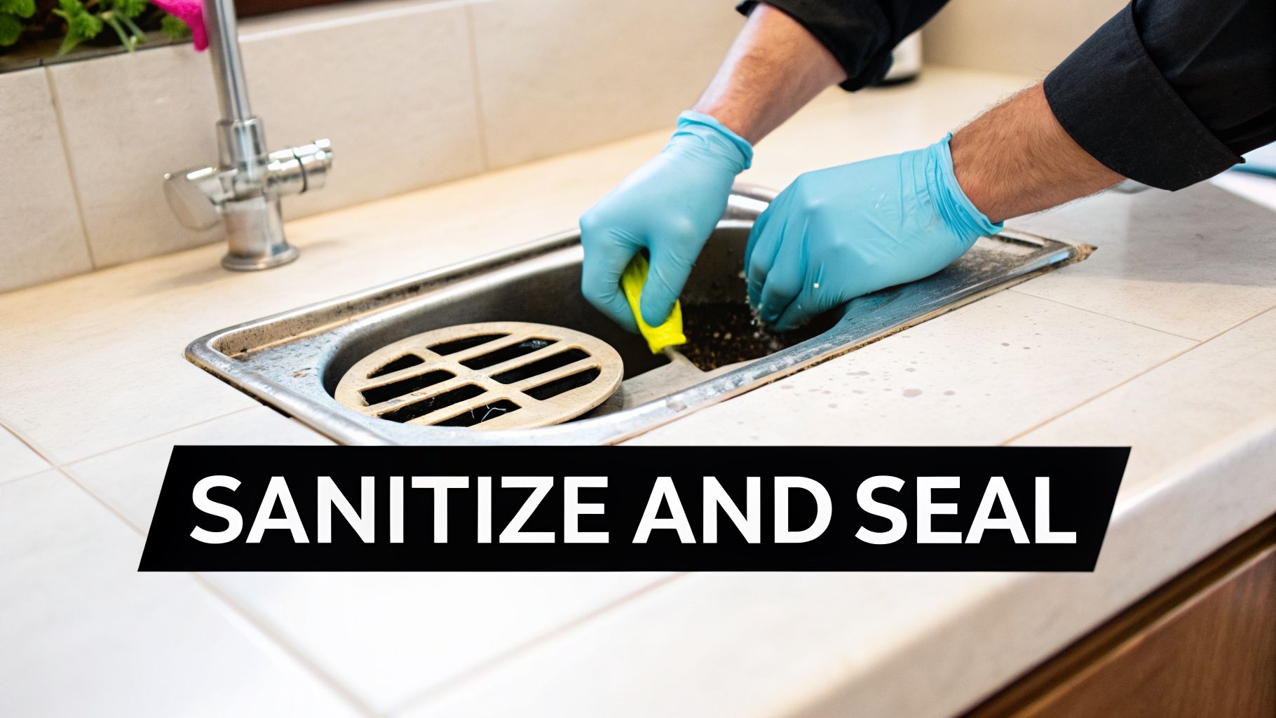 A person in blue gloves cleaning a dirty commercial kitchen drain with a yellow tool.