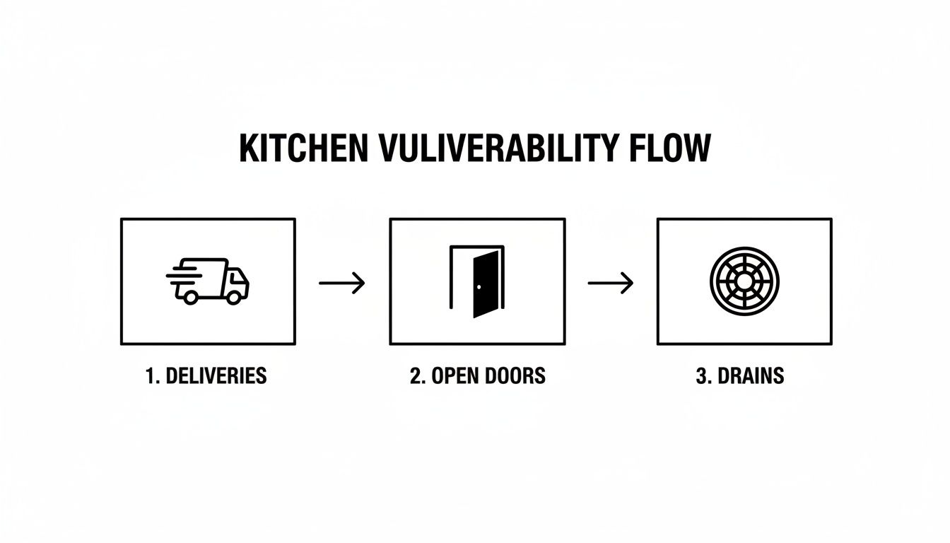 Flowchart illustrating three key vulnerability points in a commercial kitchen: deliveries, open doors, and drains.