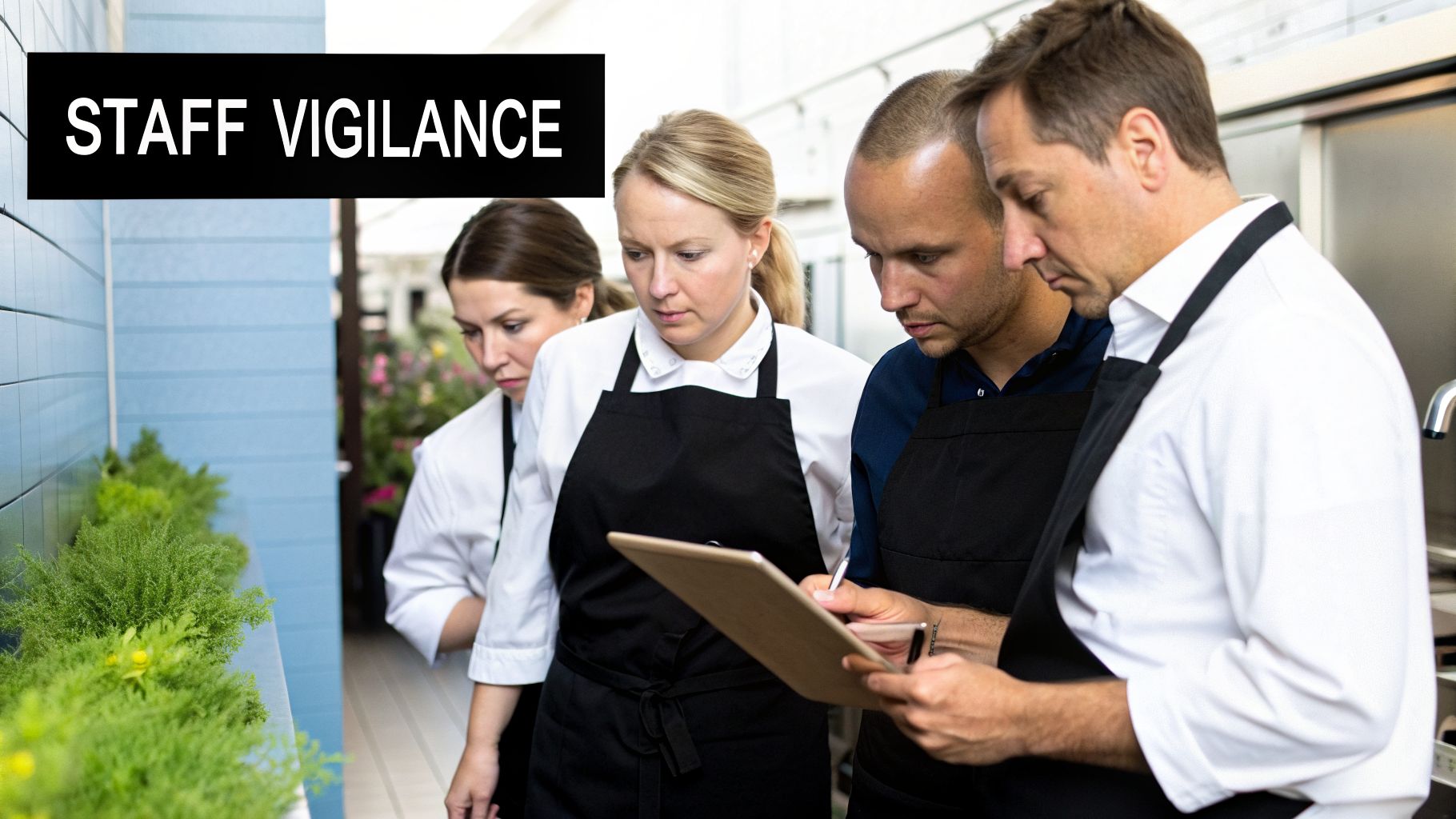 Restaurant staff in aprons inspect plants, with a man writing on a clipboard, demonstrating staff vigilance.
