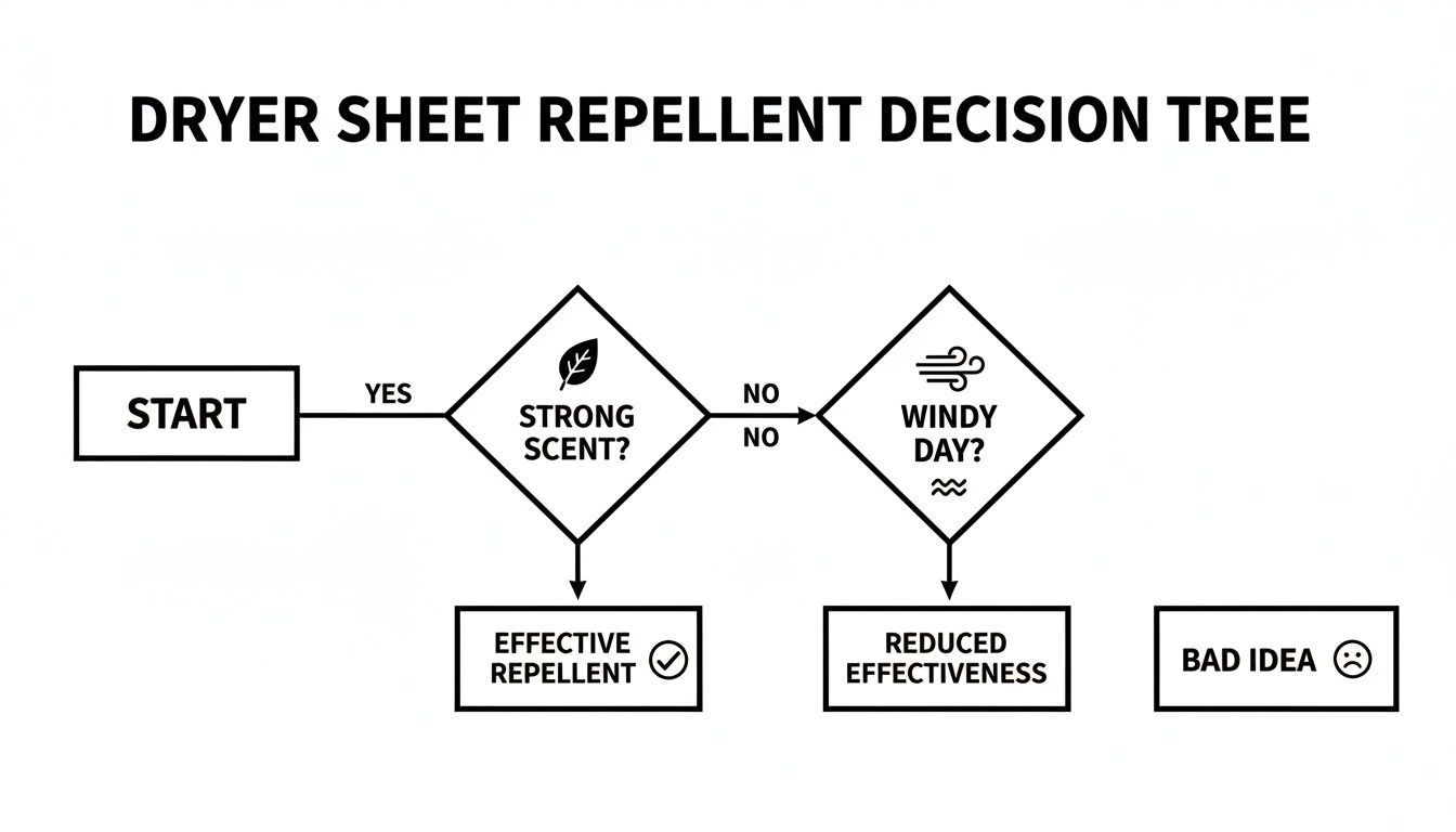 A dryer sheet repellent decision tree flowchart, guiding effectiveness based on strong scent and windy conditions.