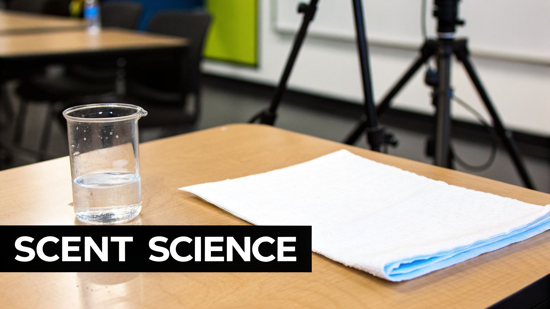 A beaker with clear liquid and a folded white towel on a wooden table, with 'SCENT SCIENCE' text.
