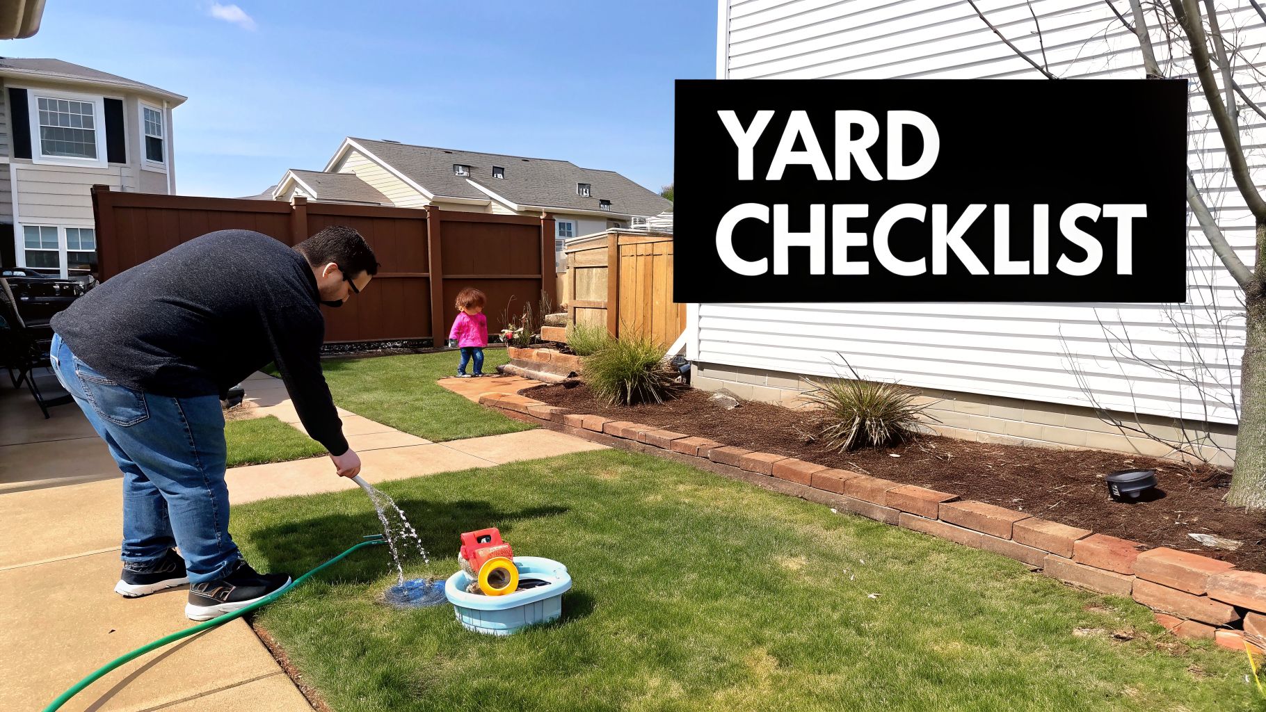 A man waters a child's toy in a sunny backyard with a "YARD CHECKLIST" sign.