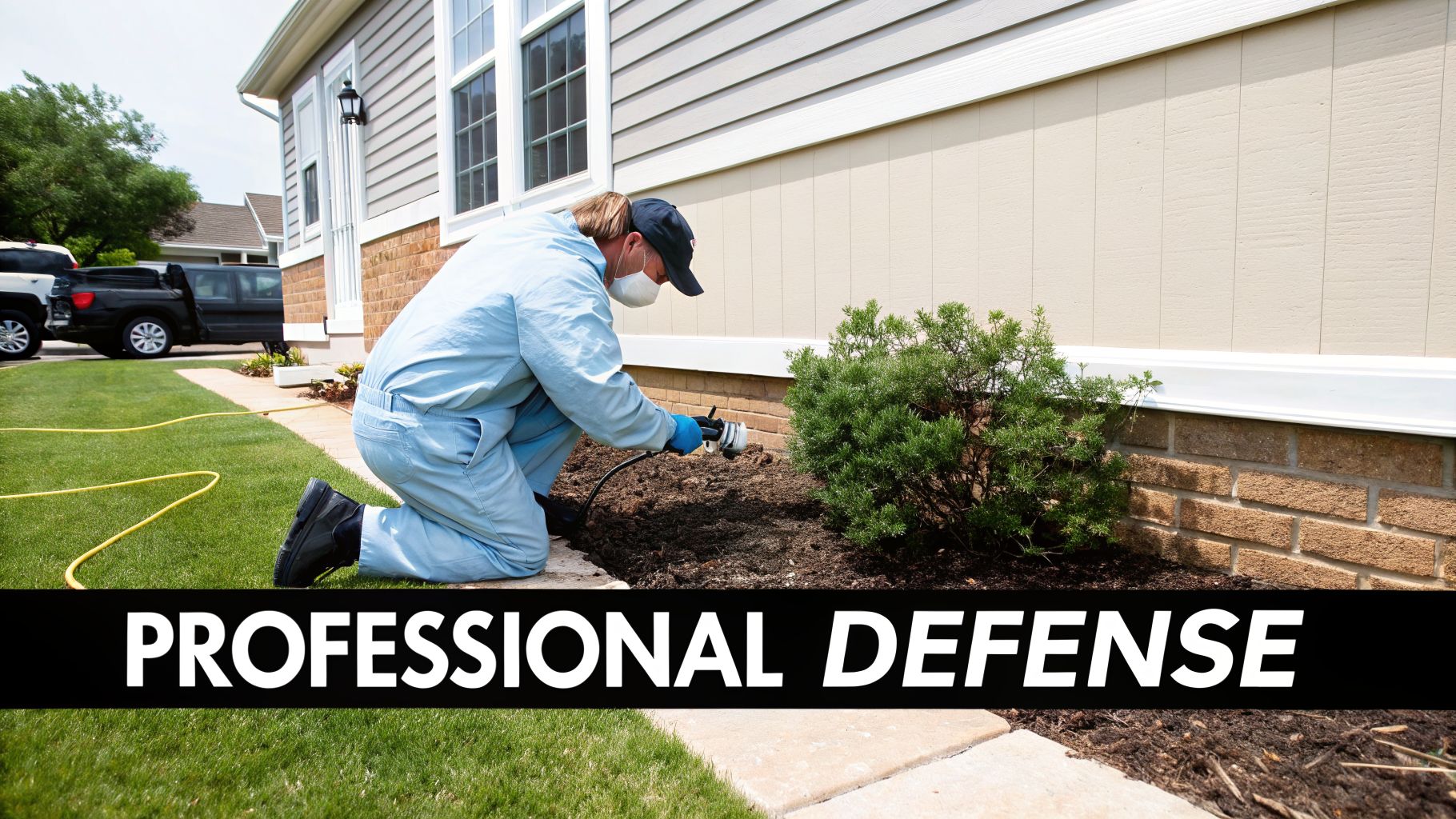 A professional pest control technician in protective gear sprays the perimeter of a house foundation.