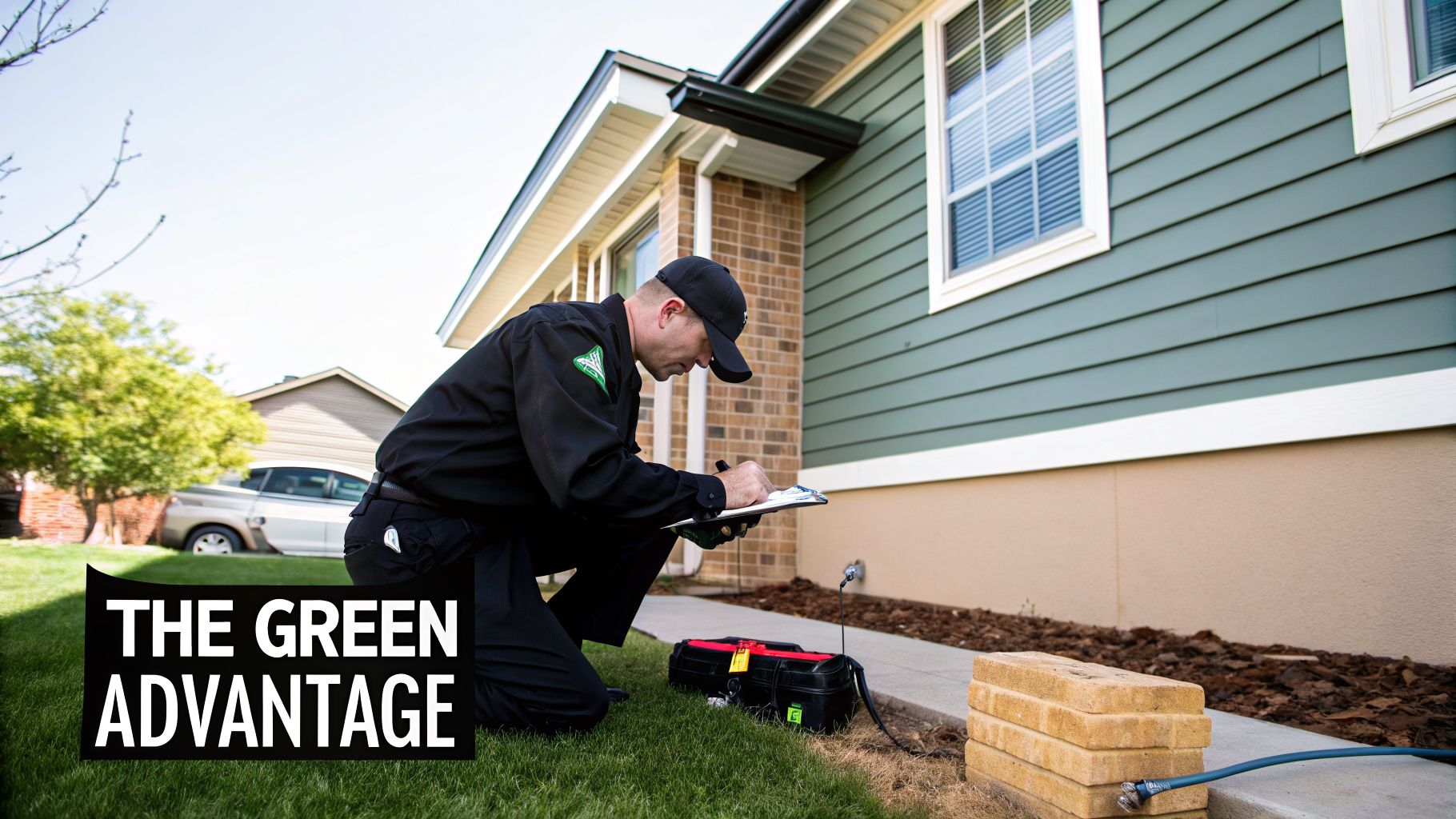 A technician in a black uniform kneels by a house, writing notes on a clipboard during an inspection.