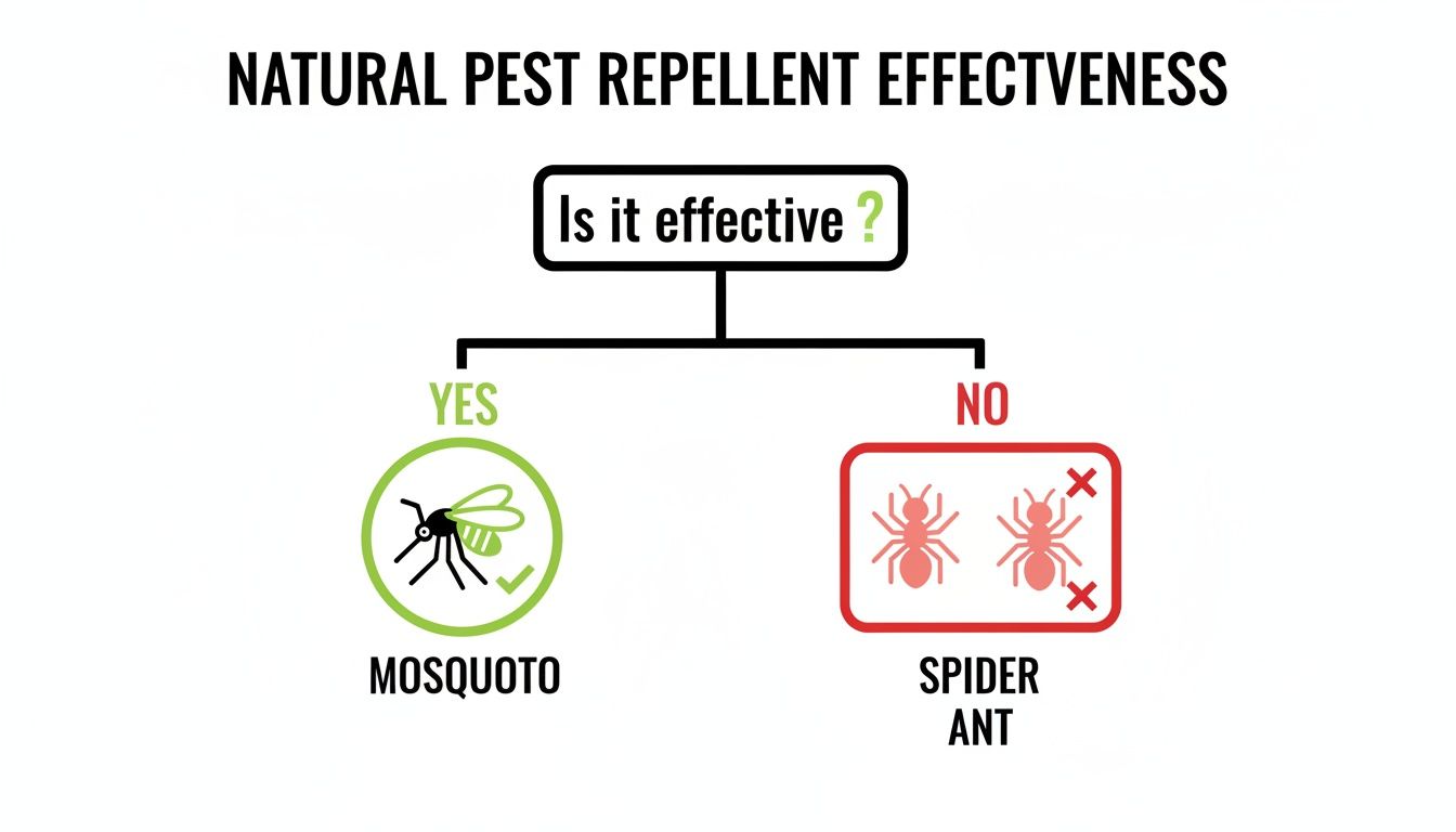 Flowchart showing natural pest repellent effectiveness: effective for mosquitoes, but not for spiders and ants.