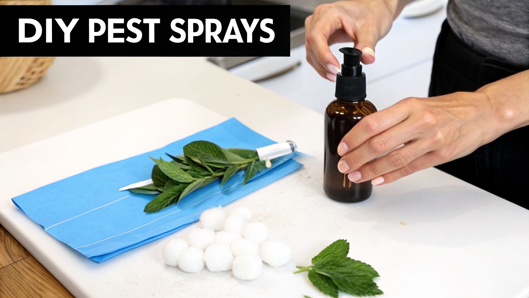 A person preparing natural DIY pest sprays on a white counter with herbs and a bottle.
