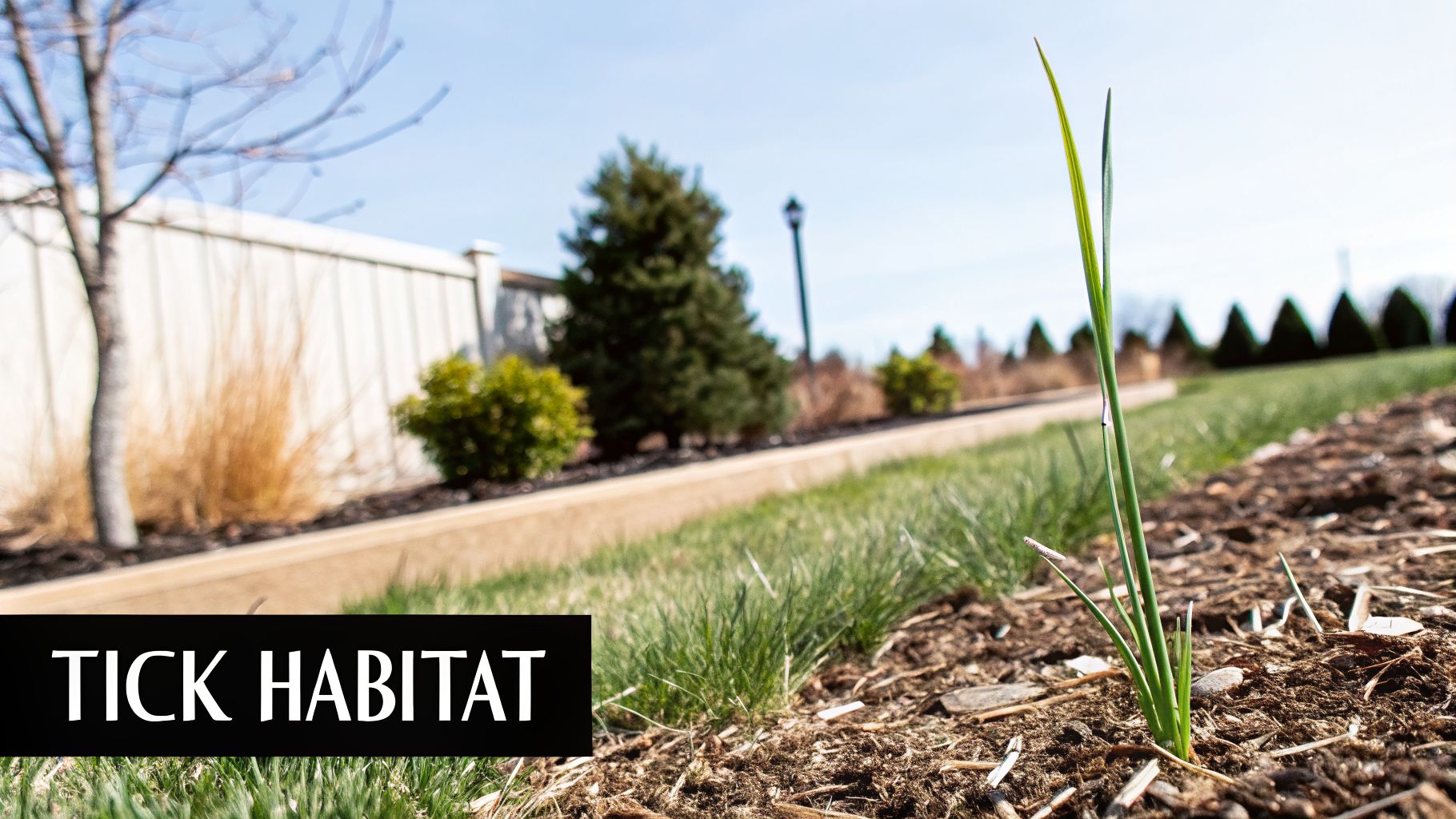 A close-up of a green plant growing in mulched soil with 'TICK HABITAT' text.