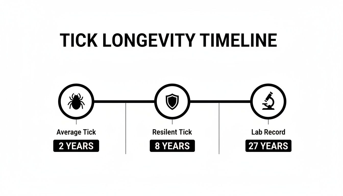 Timeline illustrating tick longevity, showing average, resilient, and lab record lifespans.