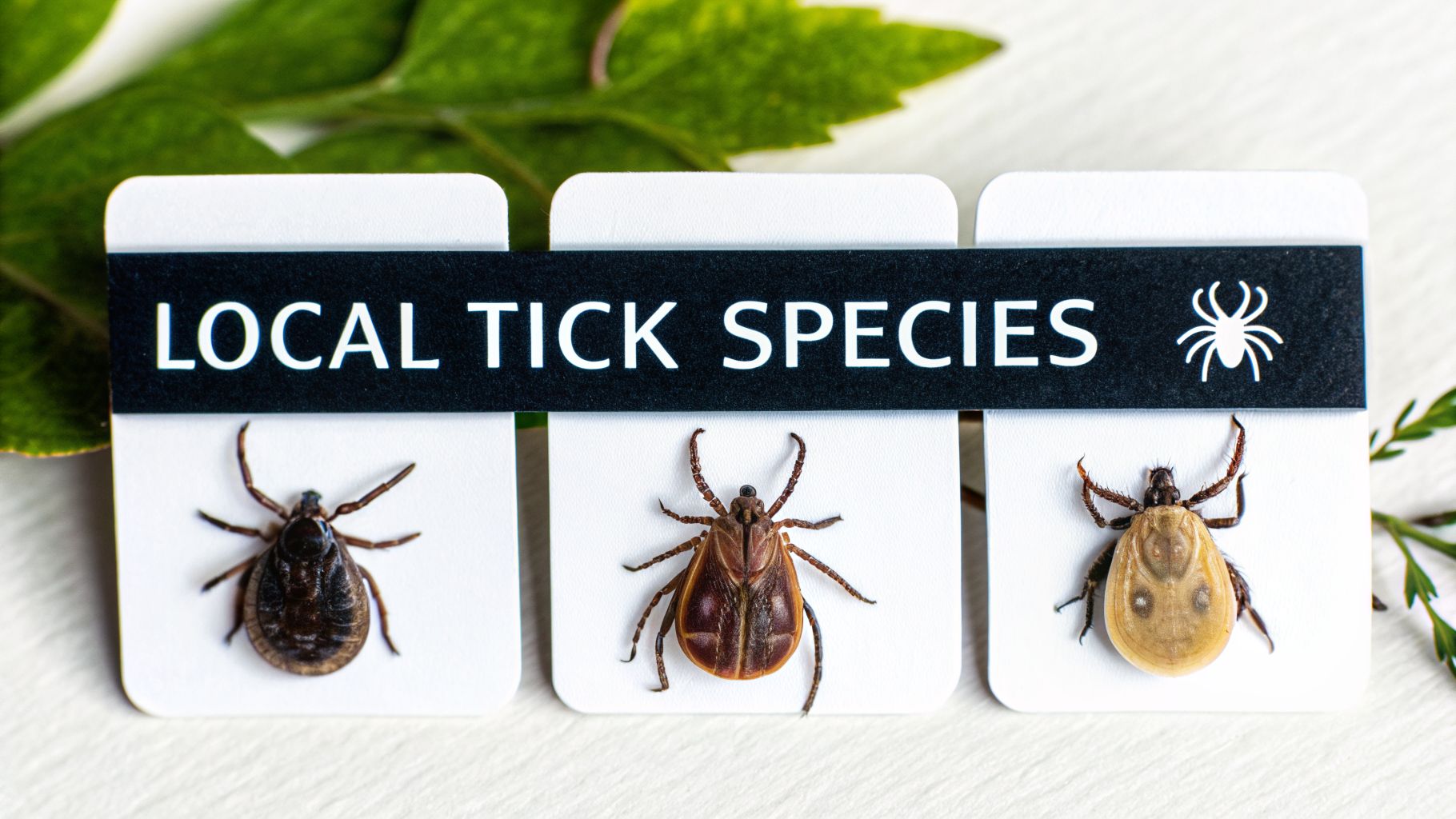 Three distinct local tick species displayed on individual white cards with a descriptive banner.