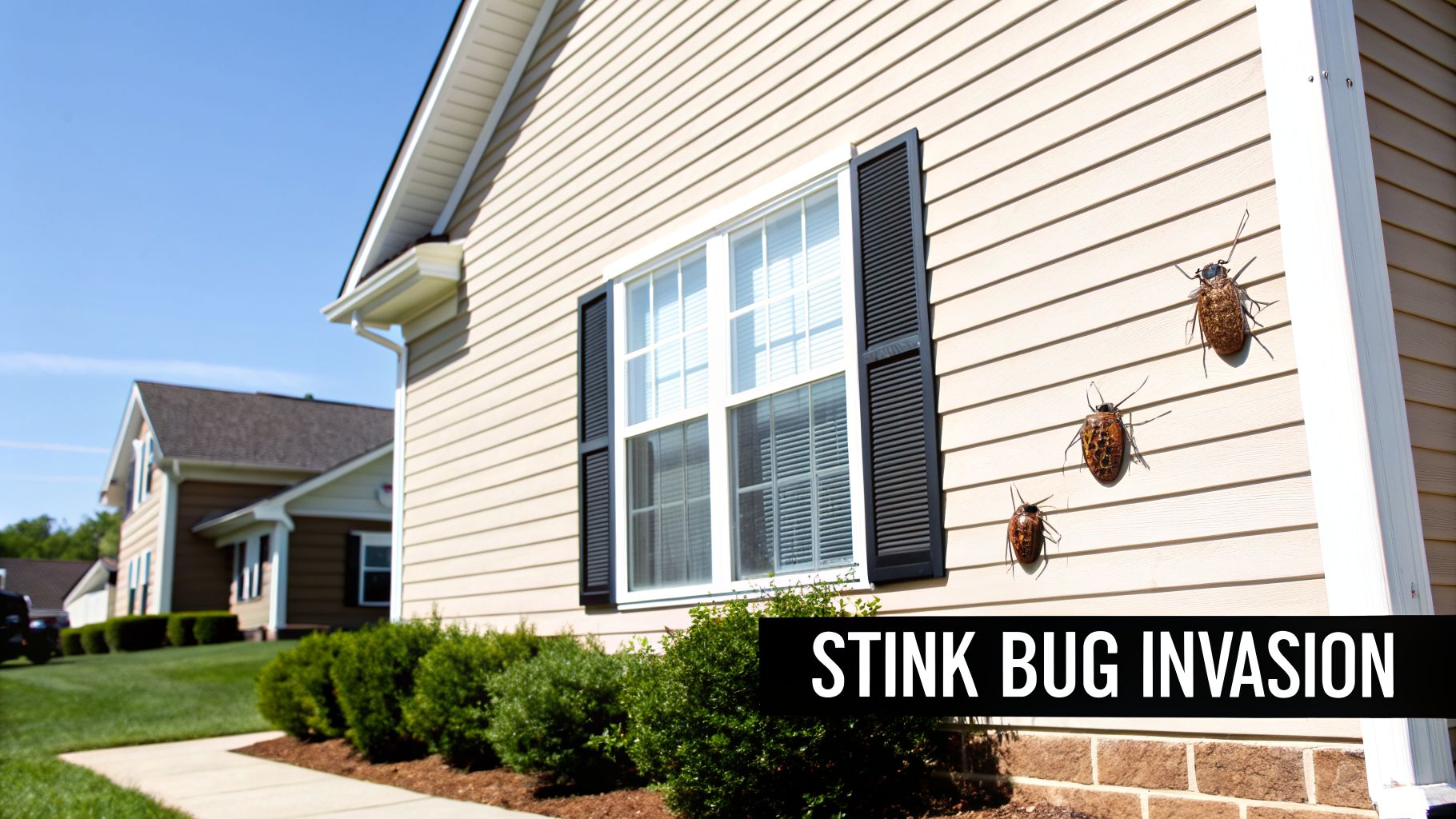 A suburban house with tan siding and black shutters shows large artificial stink bugs on its exterior wall.