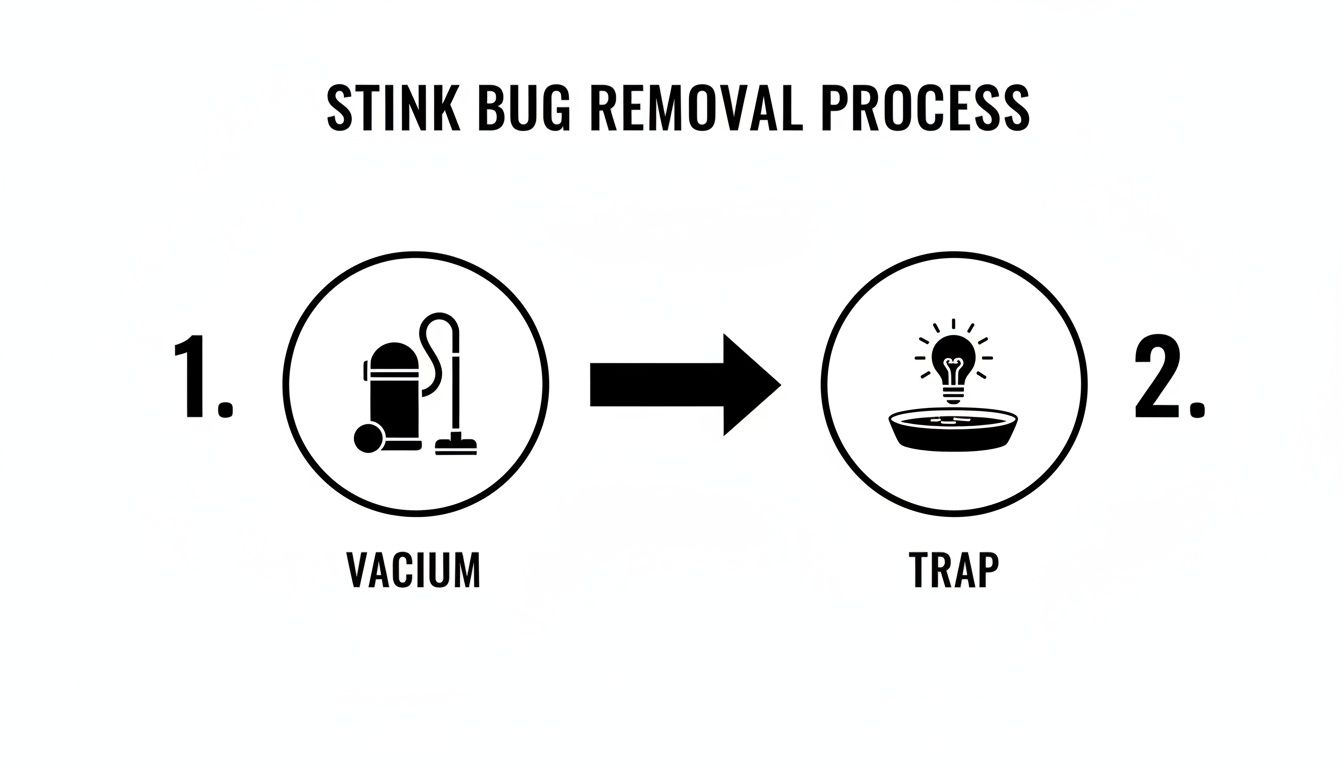 Diagram illustrating a two-step stink bug removal process: 1. vacuuming, and 2. using a light trap.