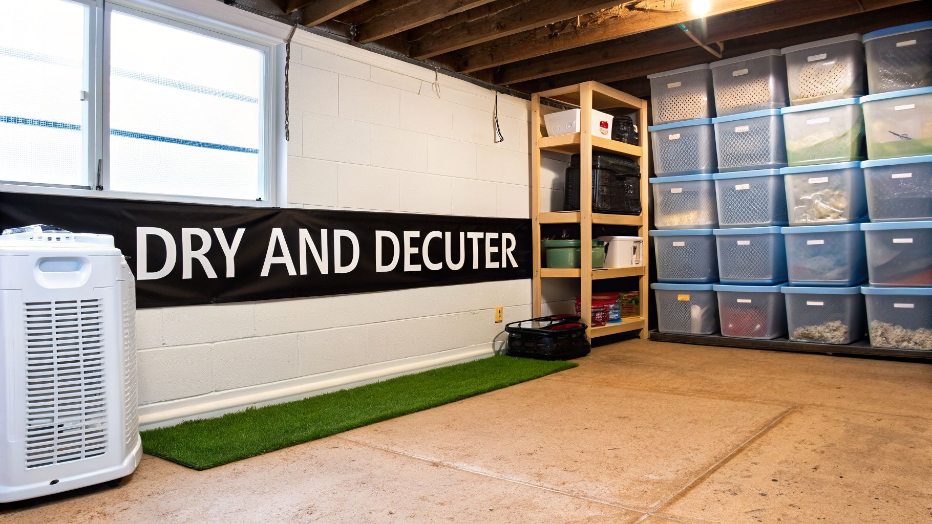 A clean, organized basement featuring stacked storage bins, an air purifier, and a "DRY AND DECUTER" banner.