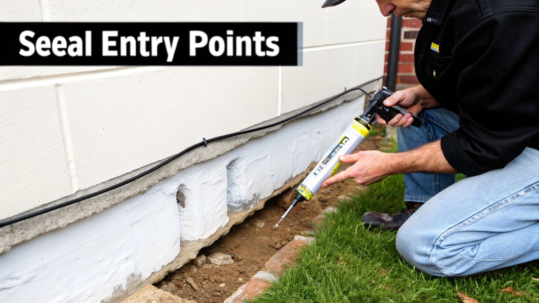 A person sealing gaps and entry points on a building's foundation with a caulk gun.