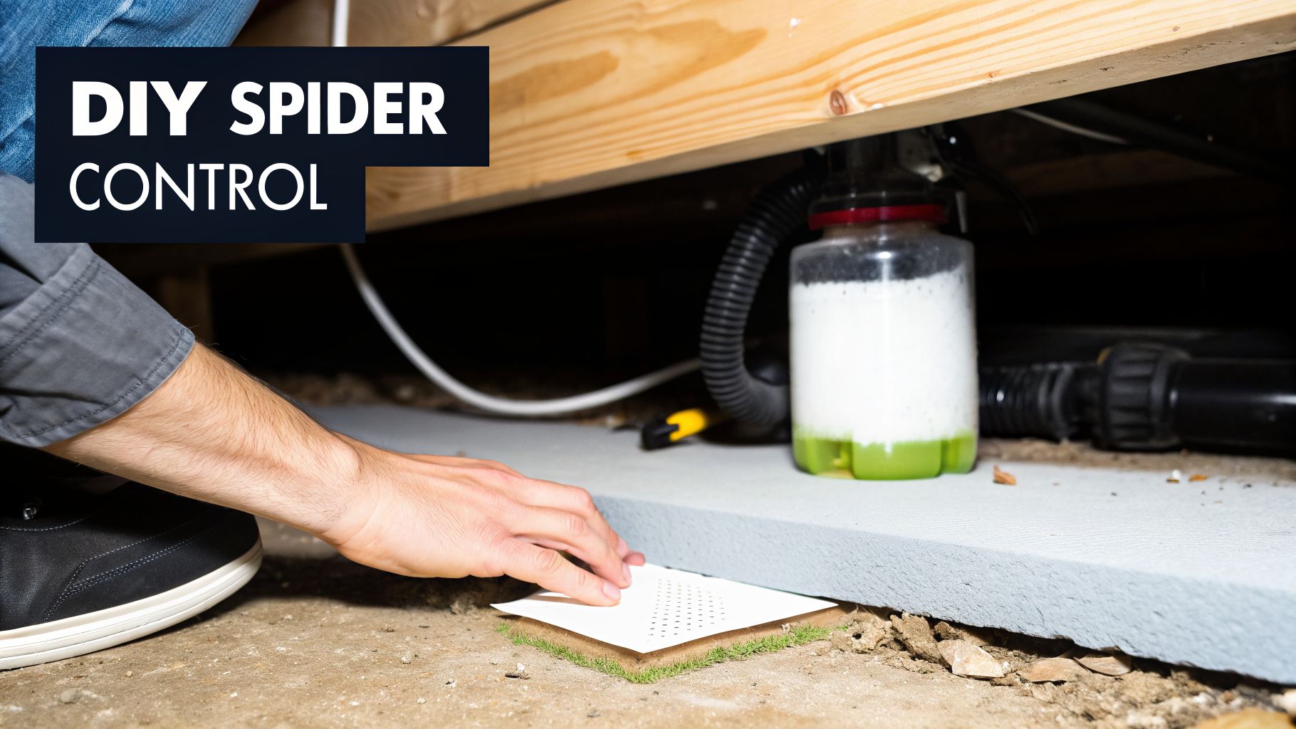A person's hand places a white spider trap on the ground for DIY spider control.