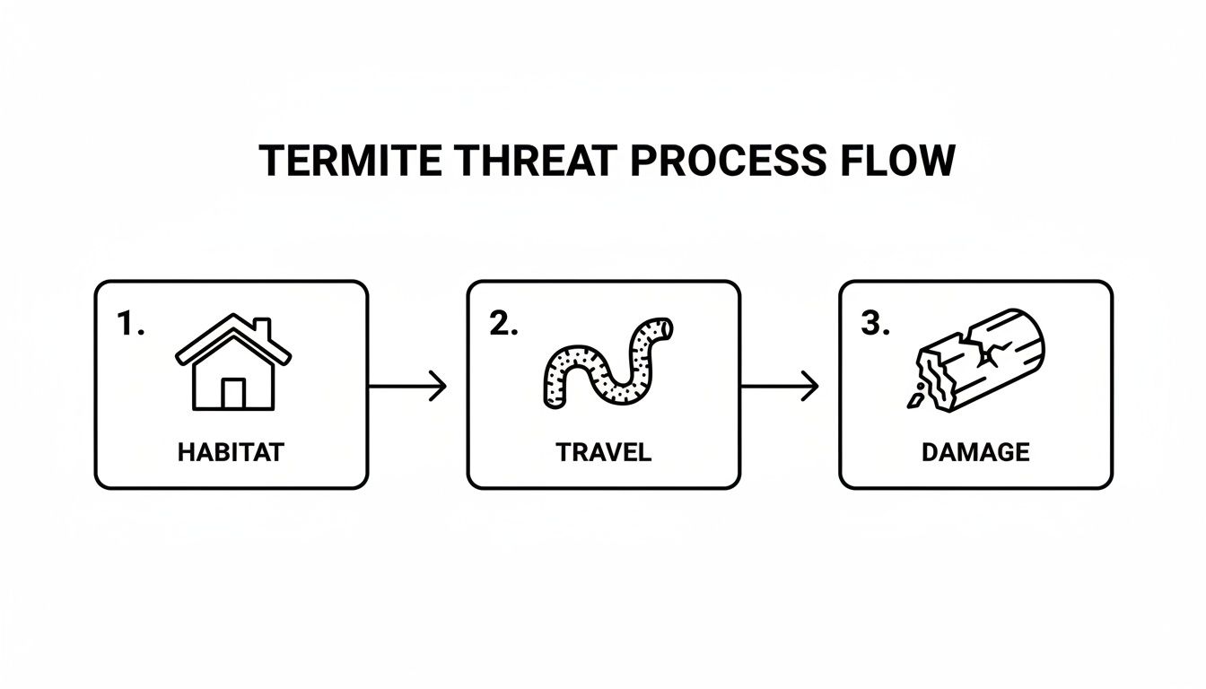 A flowchart illustrating the termite threat process: habitat, travel, and damage to structures.