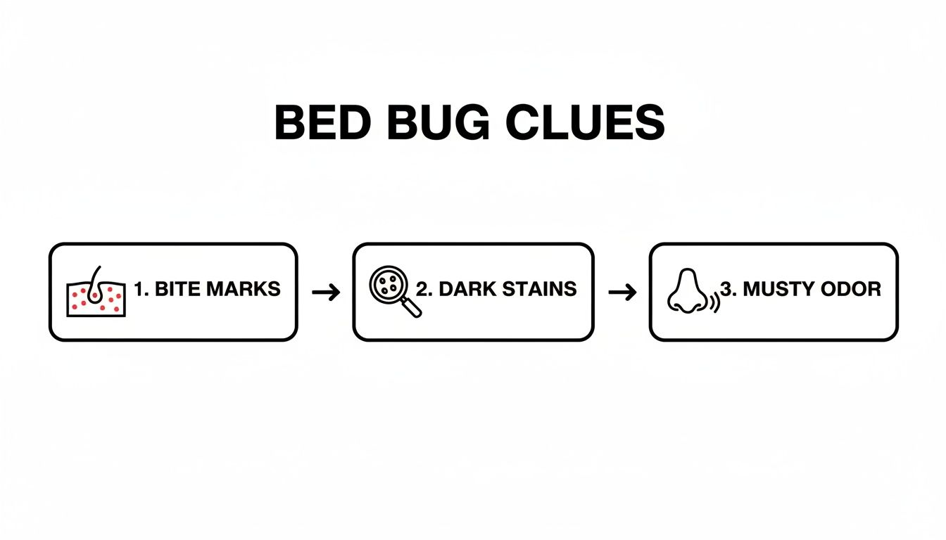 A diagram outlining three key clues for detecting bed bugs: bite marks, dark stains, and a musty odor.