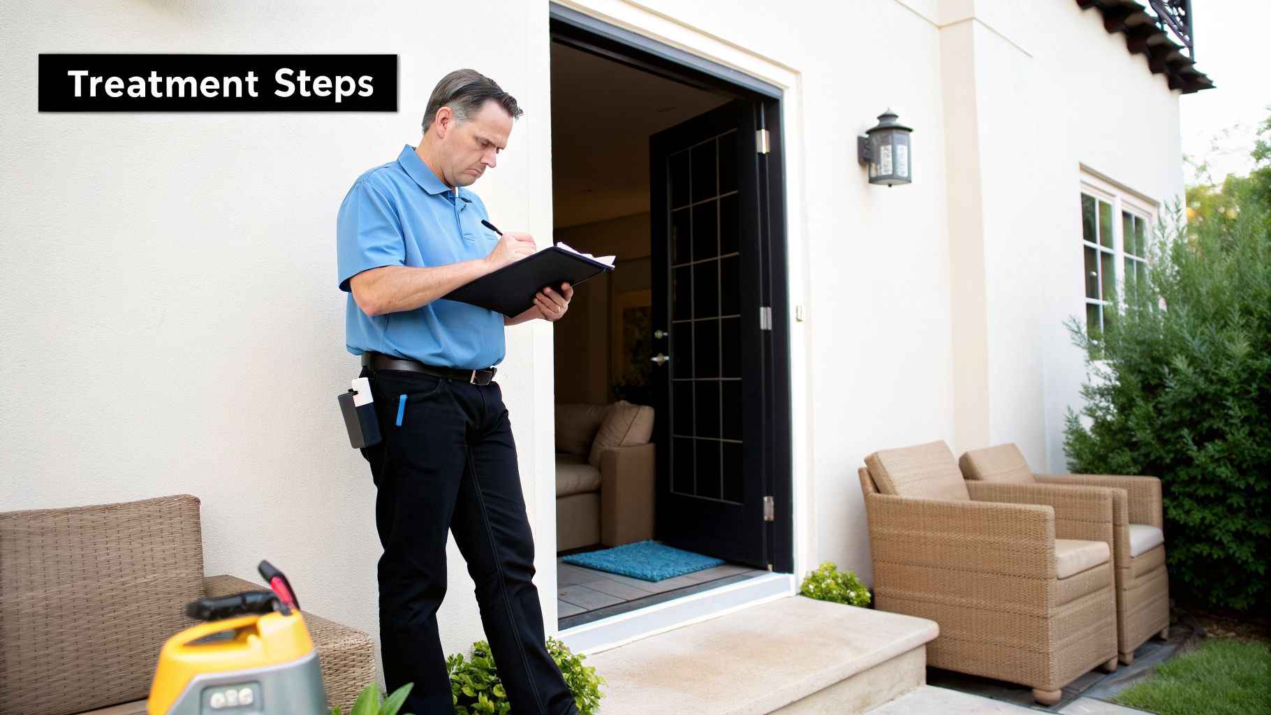 A pest control technician in a blue shirt writes on a clipboard outside a home, following treatment steps.