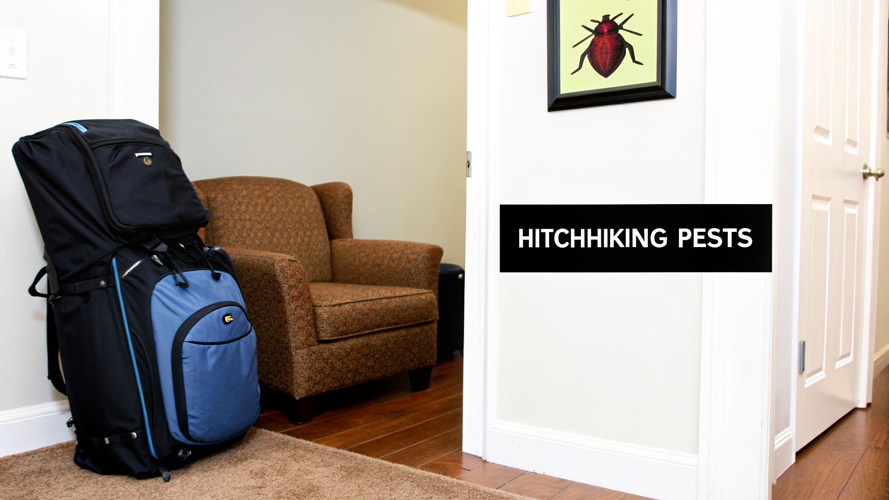 A black and blue travel bag stands next to an armchair, with a bed bug picture on the wall.