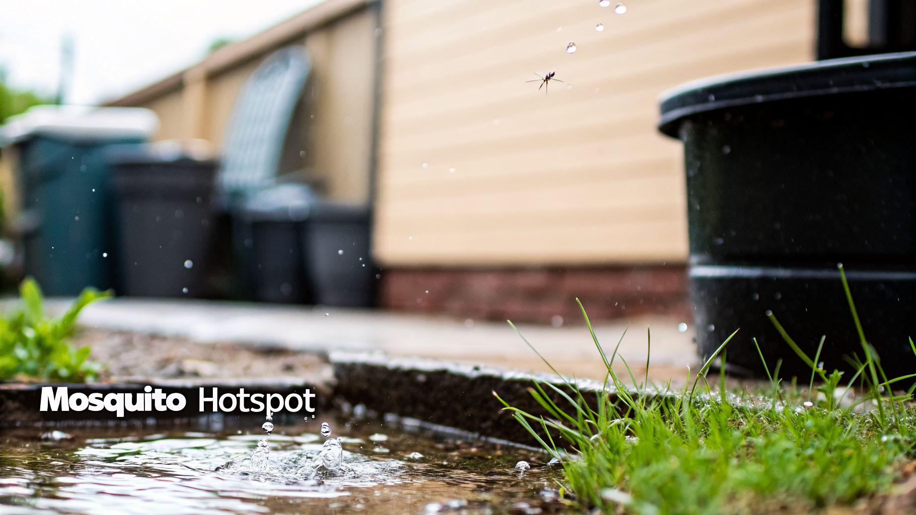 A mosquito in flight above splashing water and a puddle on the ground, a breeding hotspot.