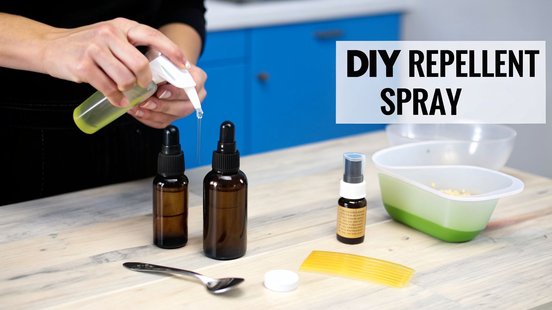 Hands pouring yellow liquid from a spray bottle into amber dropper bottles for a DIY repellent spray.