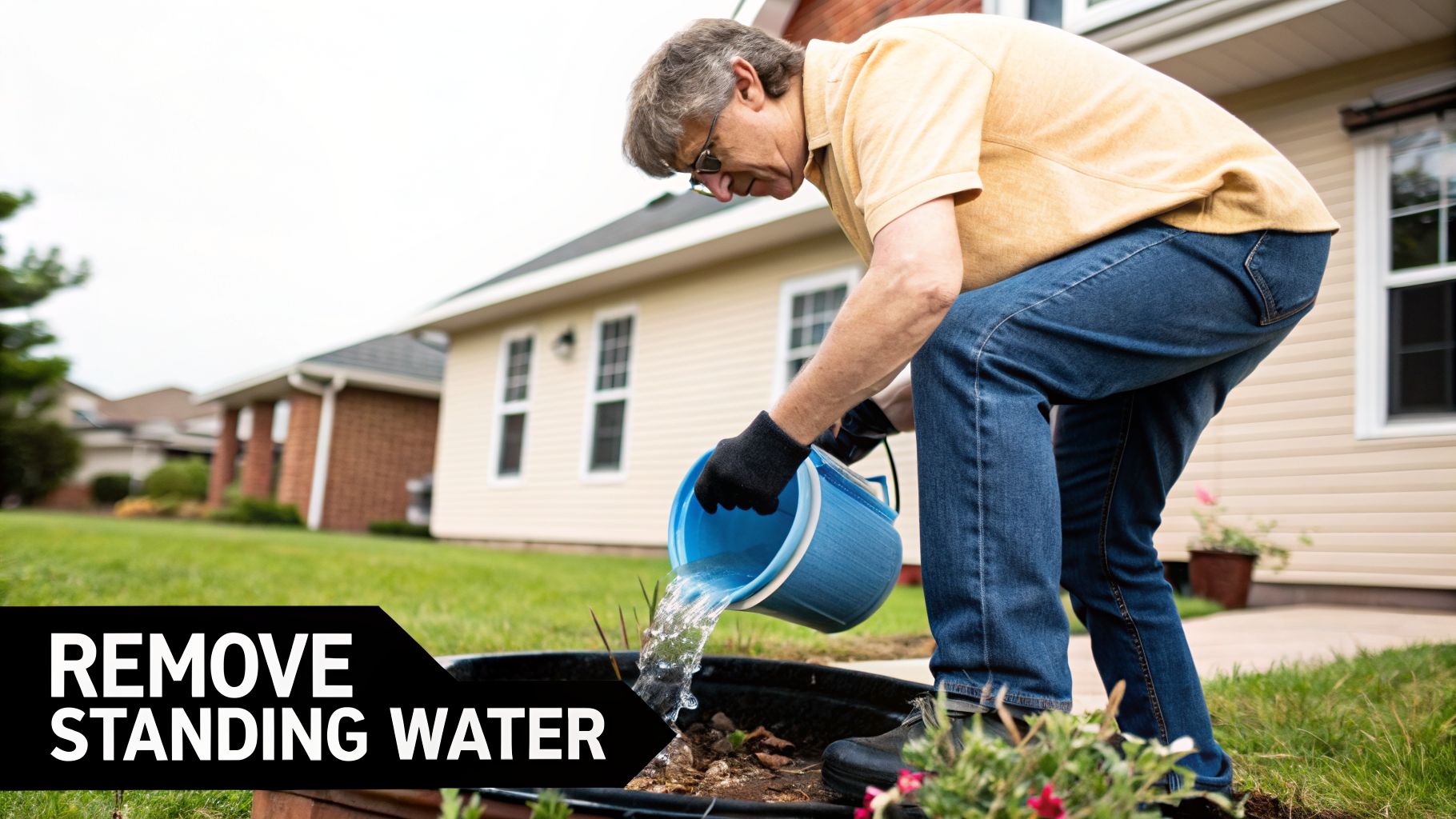 A man in a backyard pours water from a blue bucket into a planter to remove standing water.