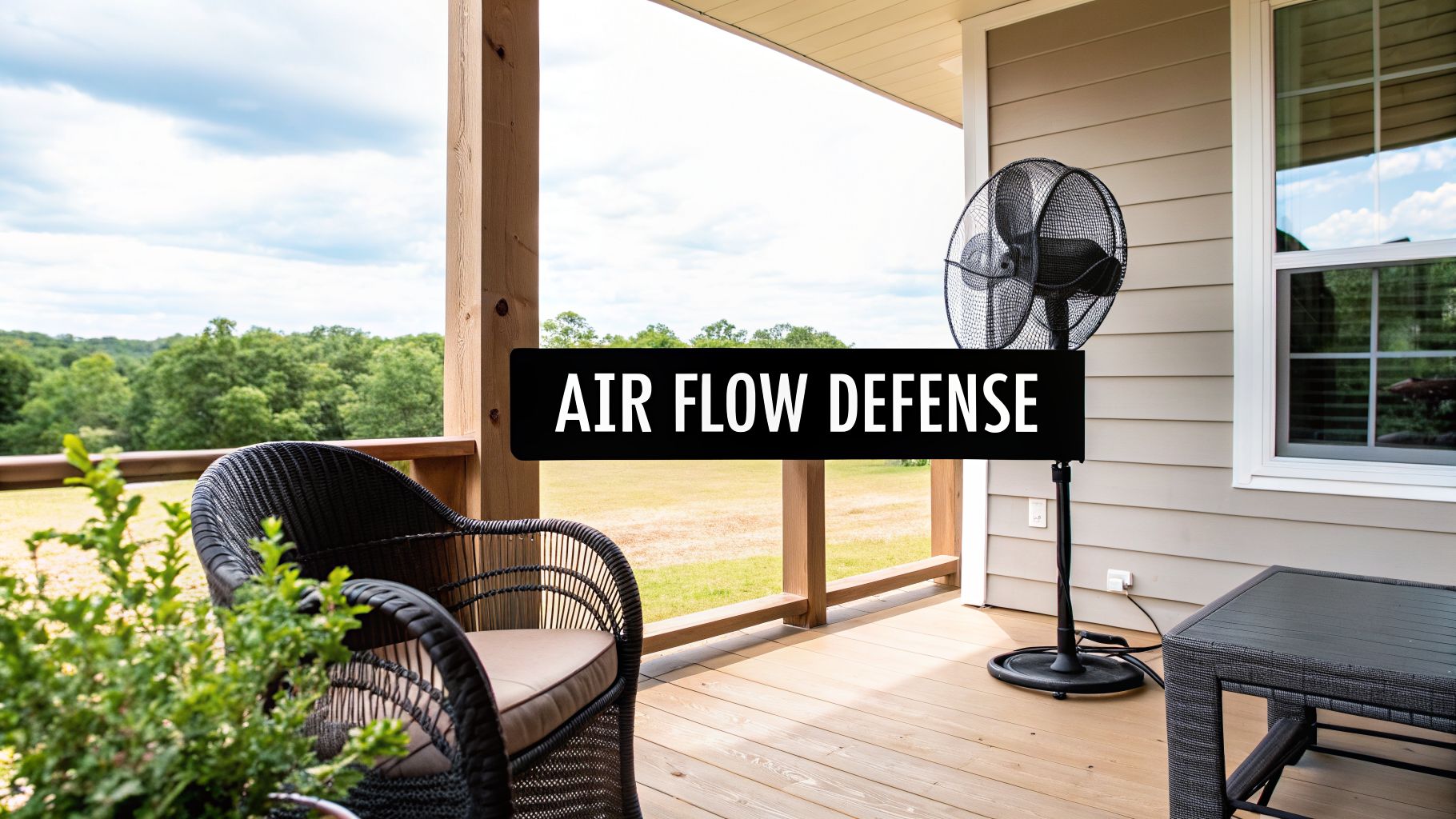 An outdoor patio featuring a standing fan, wicker chair, and table, overlooking a green landscape.