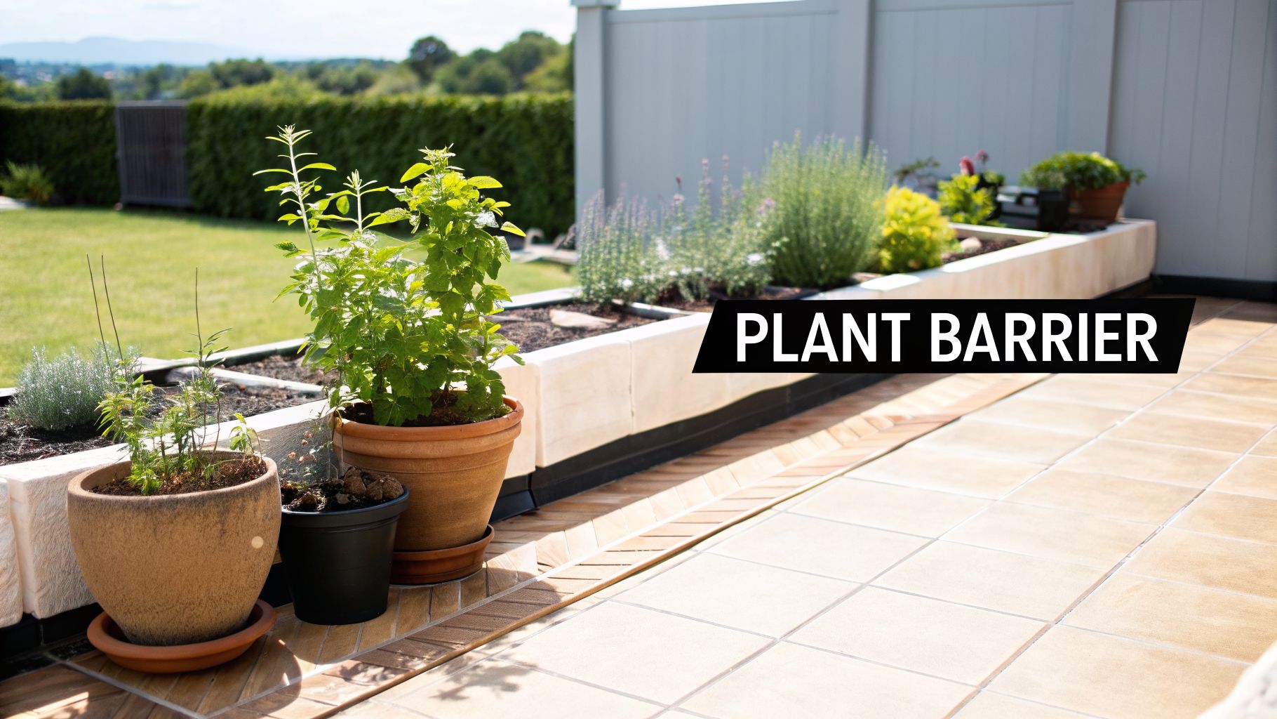A patio with a raised garden bed and potted plants, serving as a natural plant barrier.