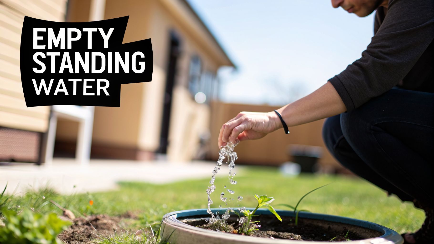 A person empties standing water from their hands into a plant pot, promoting mosquito prevention.