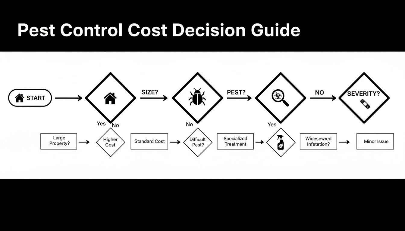 A flowchart illustrating a pest control cost decision guide based on property size, pest type, and infestation severity.