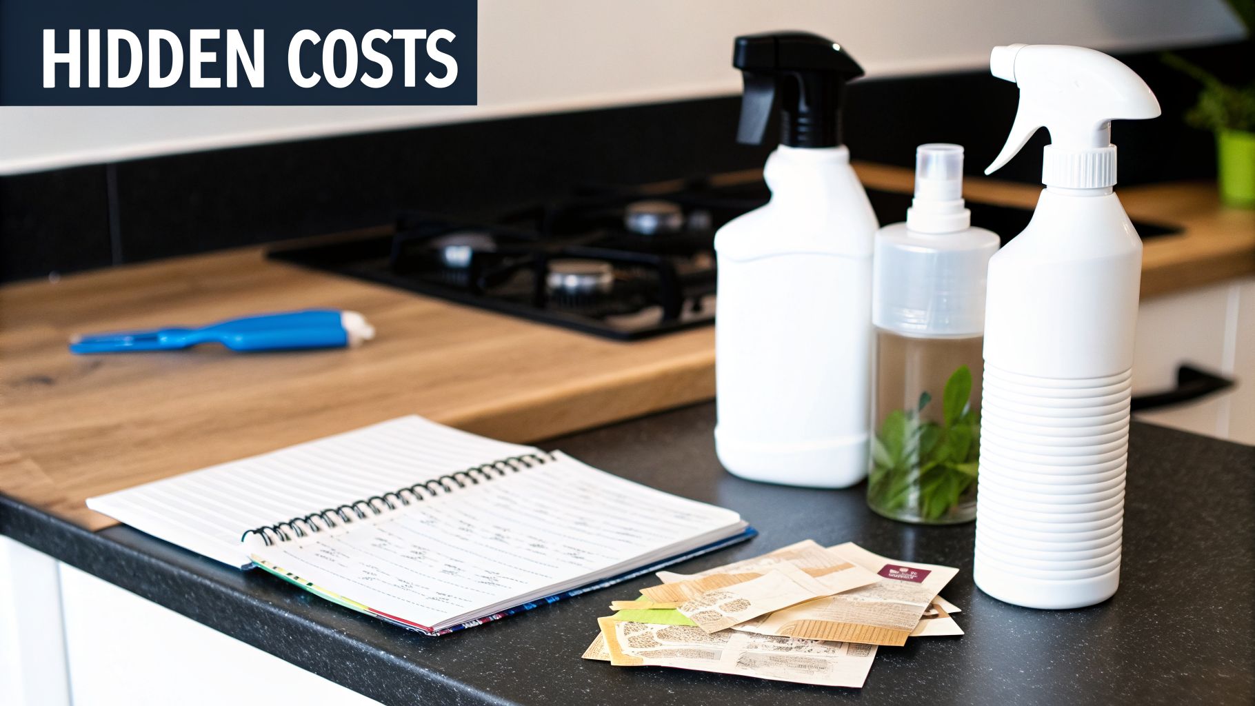 A kitchen counter with cleaning supplies, a notebook, and papers, representing hidden home expenses.