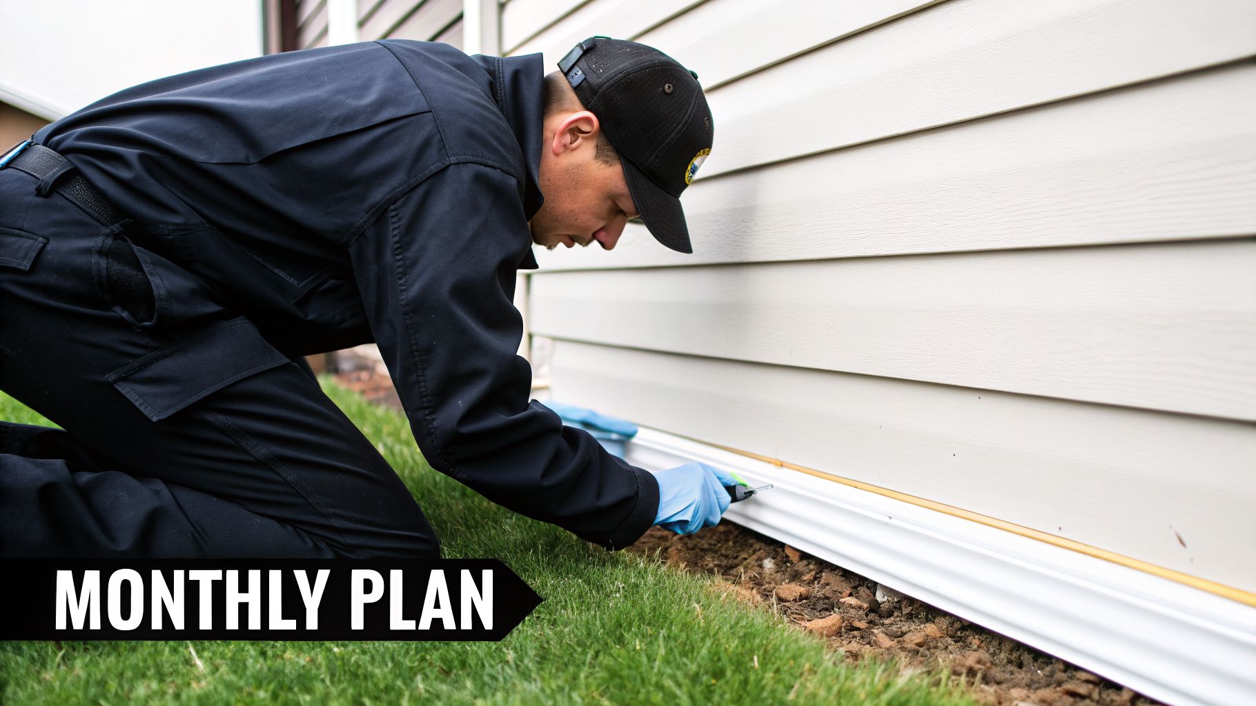 A pest control technician in uniform and gloves applies treatment along a house foundation.