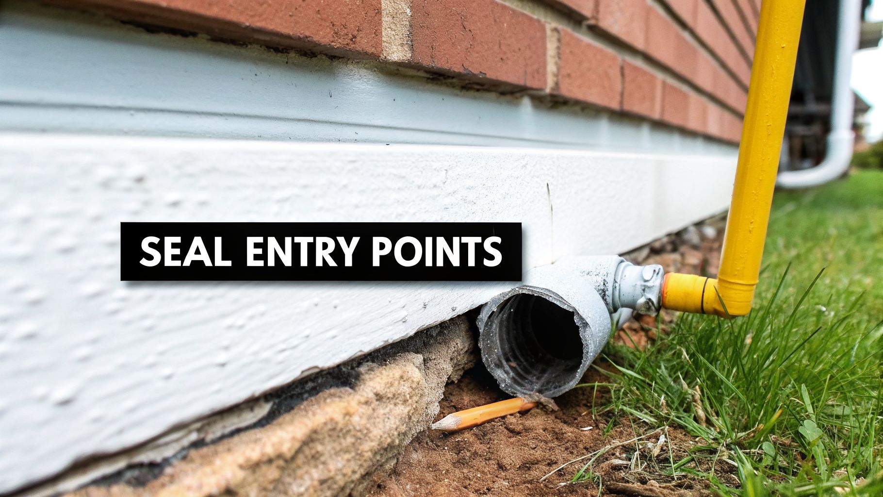 A close-up of a house foundation with an exposed pipe entry point and a yellow gas line, highlighting the need to seal openings.