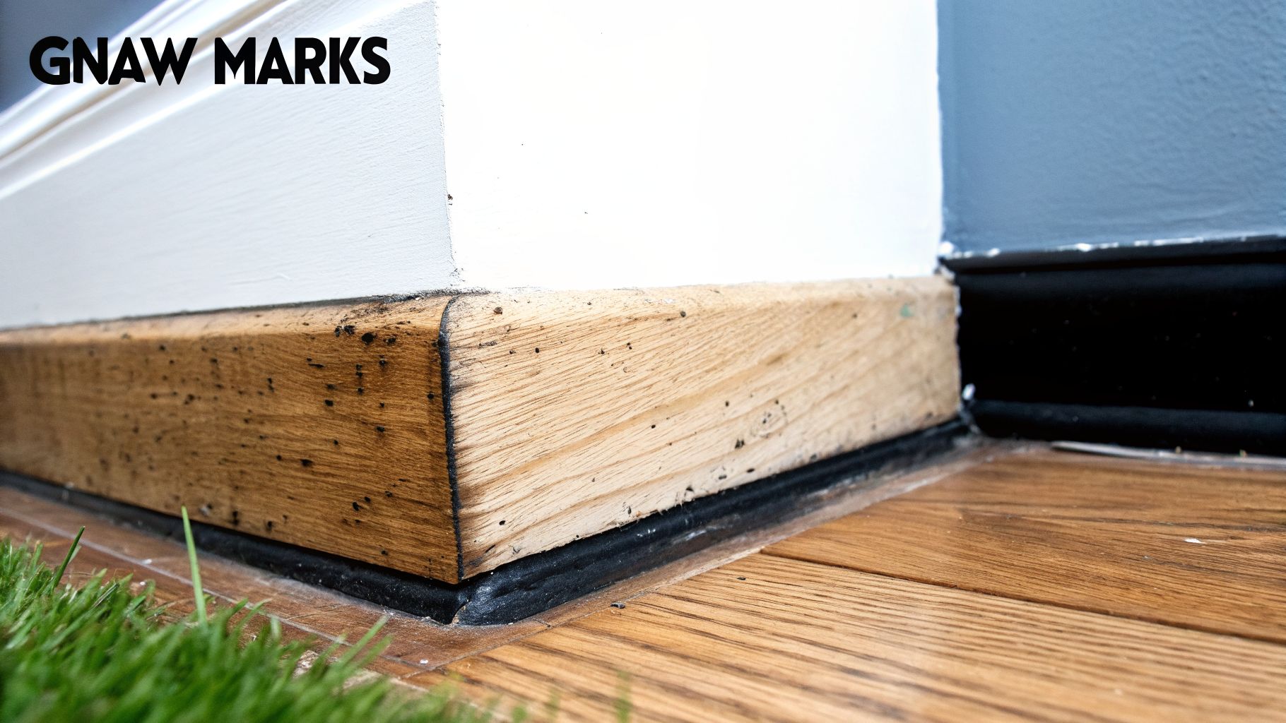 Close-up of a wooden baseboard showing numerous dark gnaw marks, indicative of rodent activity.