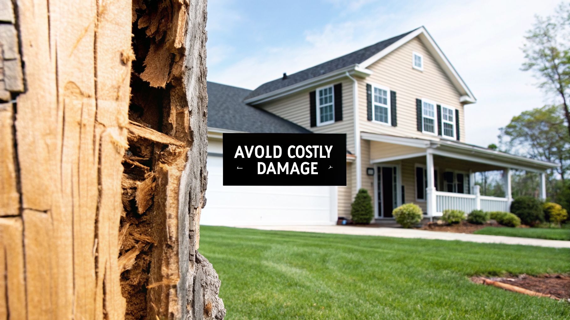 A large suburban house with a green lawn, partially obscured by a severely damaged tree trunk.