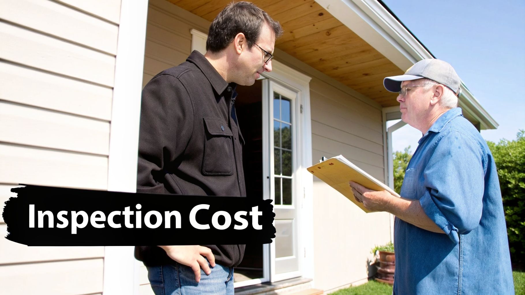 An inspector talks with a homeowner about inspection costs at a house entrance.