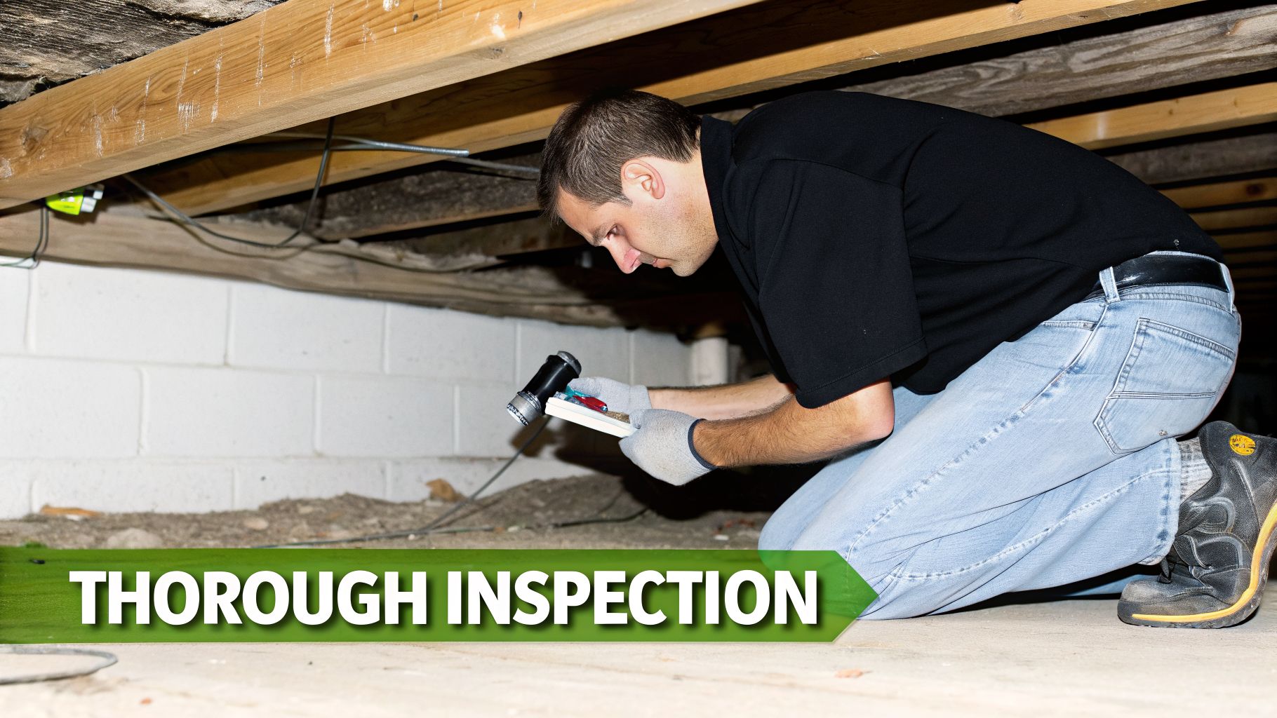 A man on his knees with a flashlight thoroughly inspects a dark crawl space.