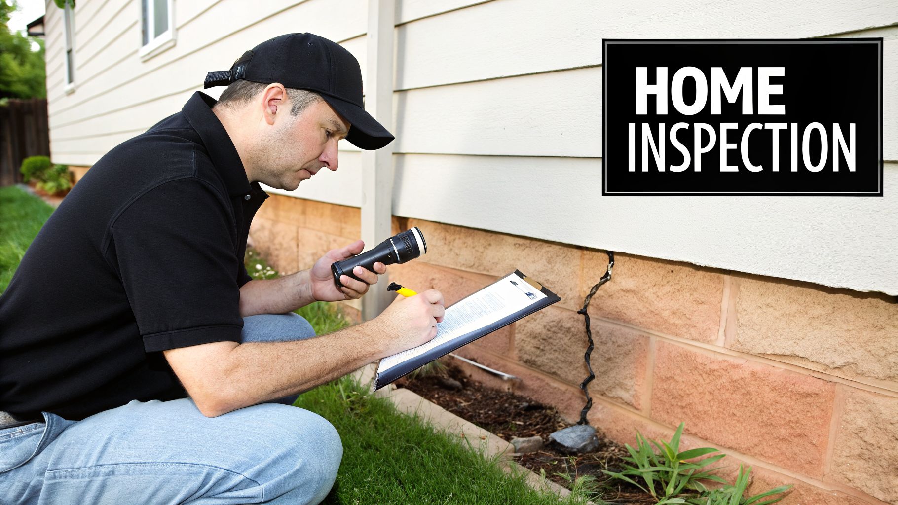 A home inspector inspects a house's exterior foundation for cracks and pests, taking notes.