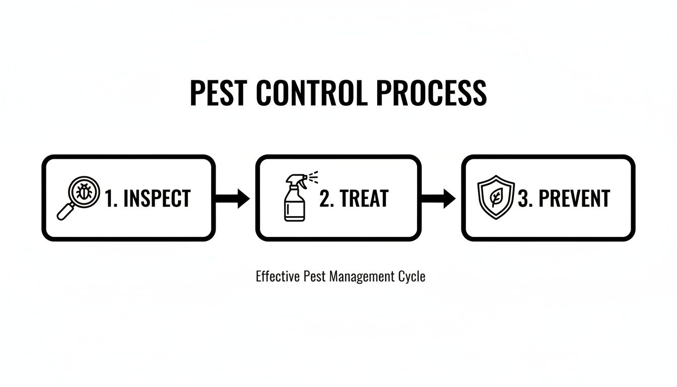 A three-step pest control process: inspect, treat, and prevent, illustrated with icons for effective pest management.