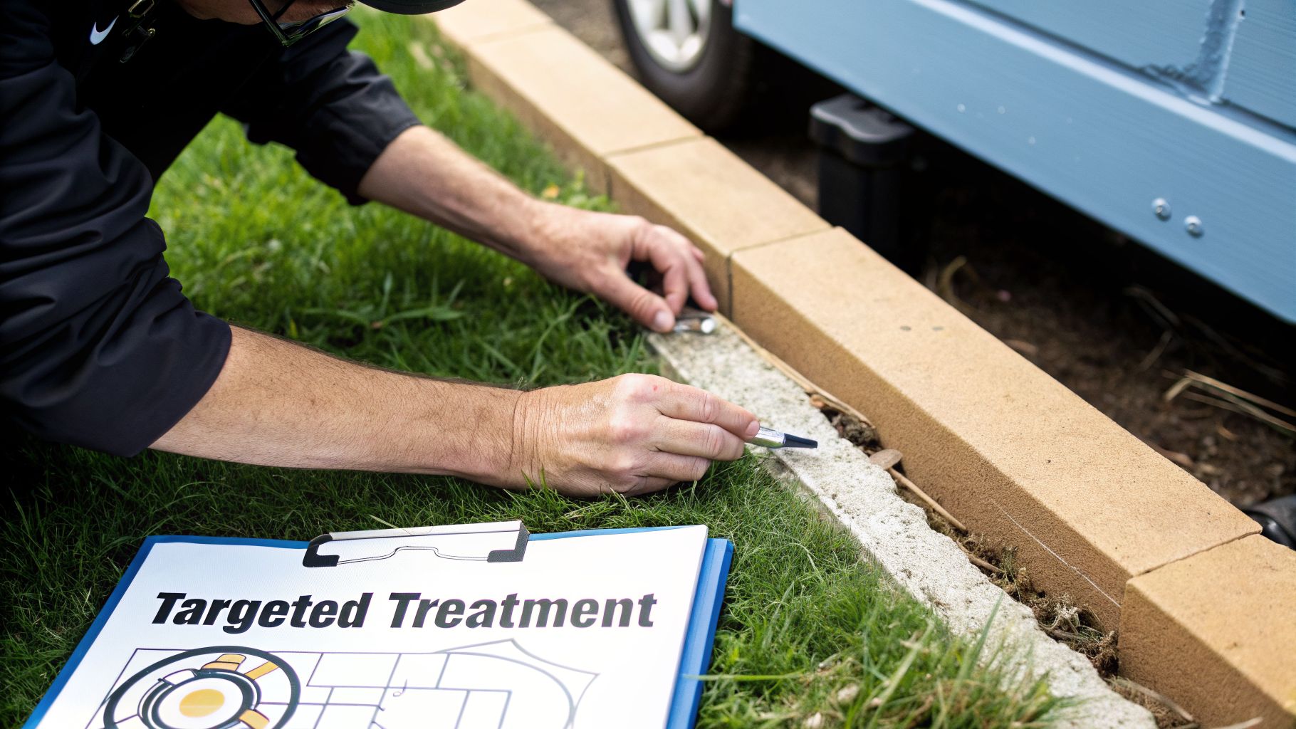 A pest control technician inspecting the ground near a building with tools and a "Targeted Treatment" plan.