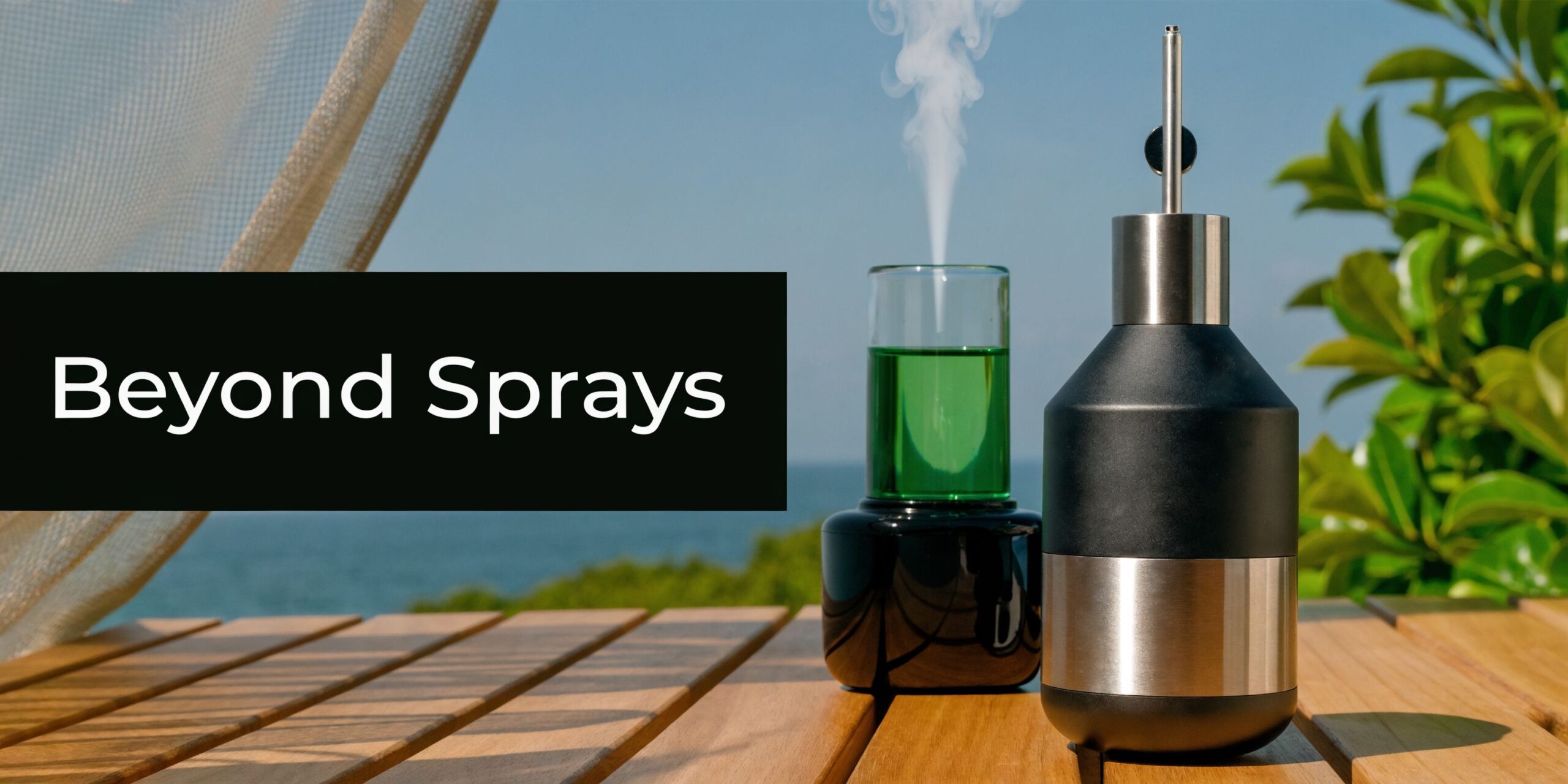 A modern electronic essential oil diffuser emitting mist, placed on a wooden deck by the ocean.