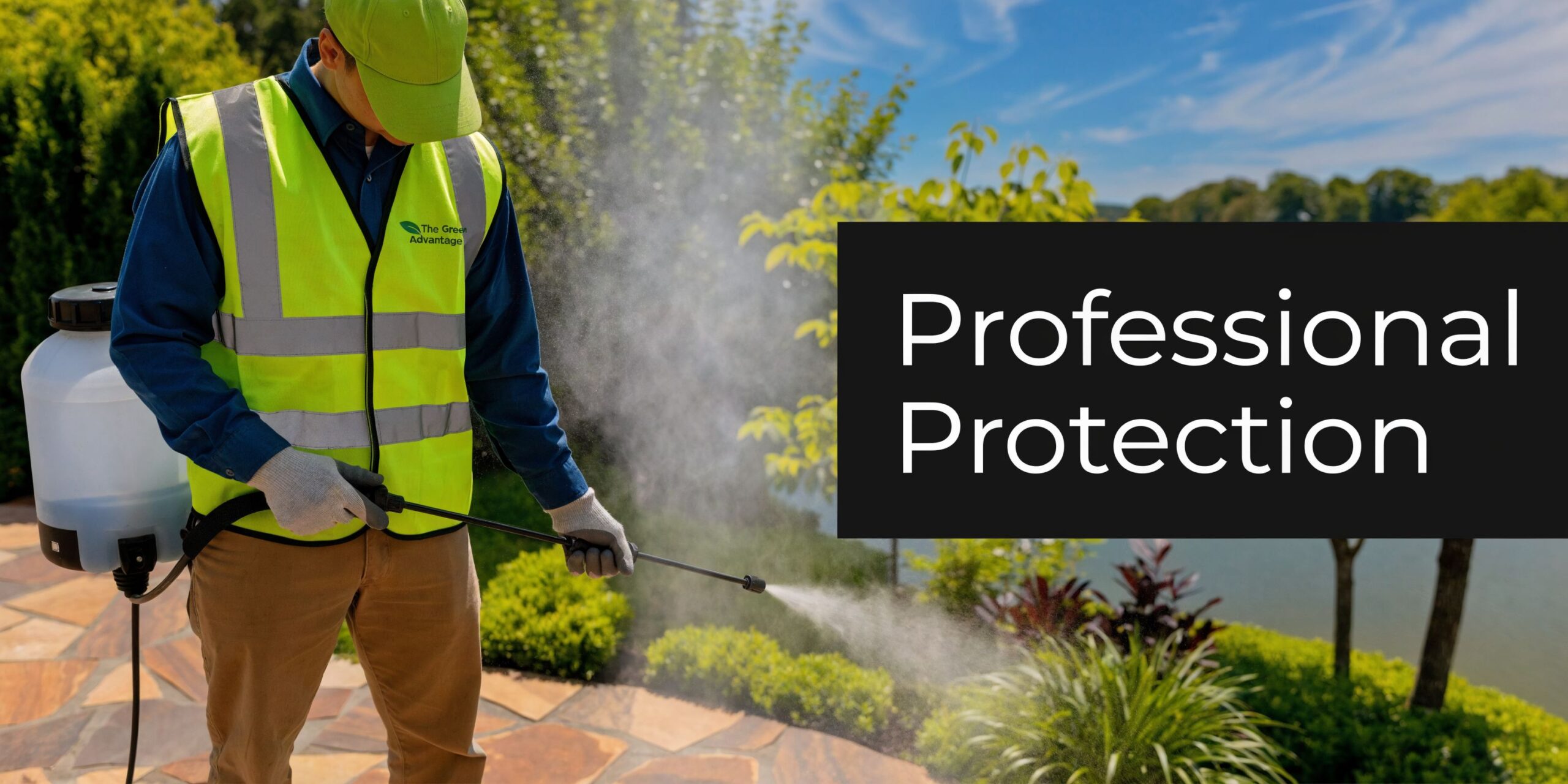 A professional technician wearing a high-visibility vest sprays a mosquito repellent in a lush garden setting.