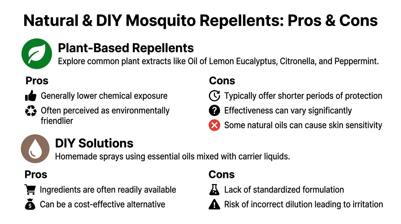 An infographic comparing the pros and cons of using natural plant-based and DIY mosquito repellents.