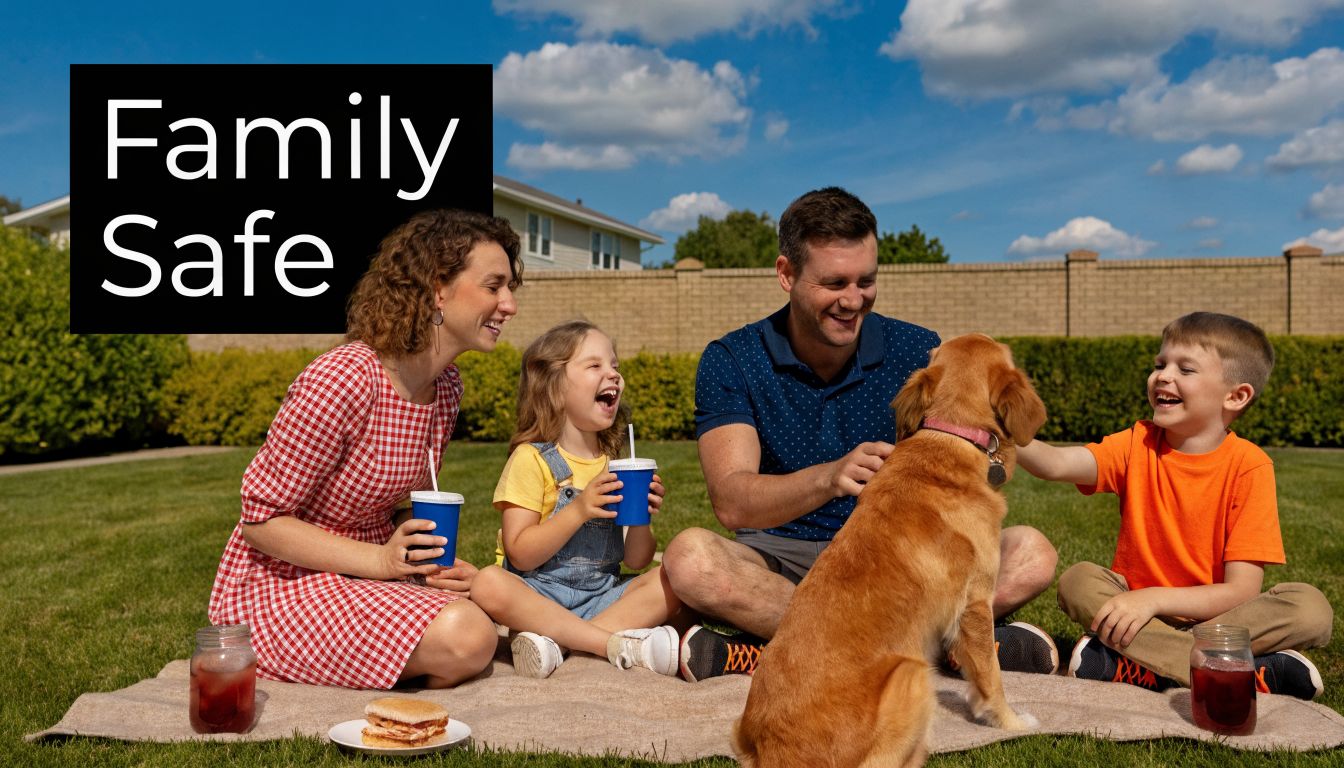 A happy family having a picnic in their backyard while interacting with their pet dog.