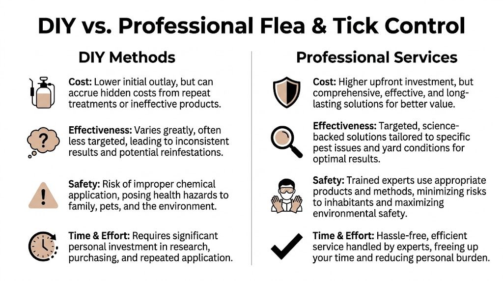 A comparison chart showing the differences between DIY and professional flea and tick control services for yards.