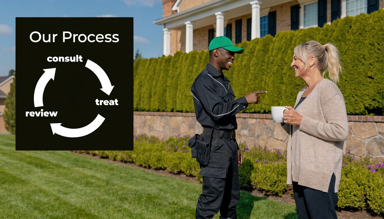 A professional pest control technician discussing a three-step service process with a smiling homeowner on her lawn.