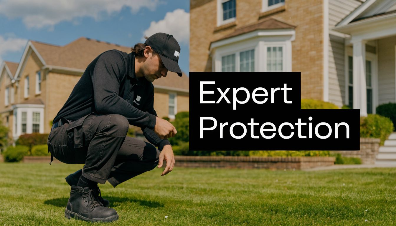 A professional pest control technician inspects a residential lawn for flea and tick infestations in the yard.