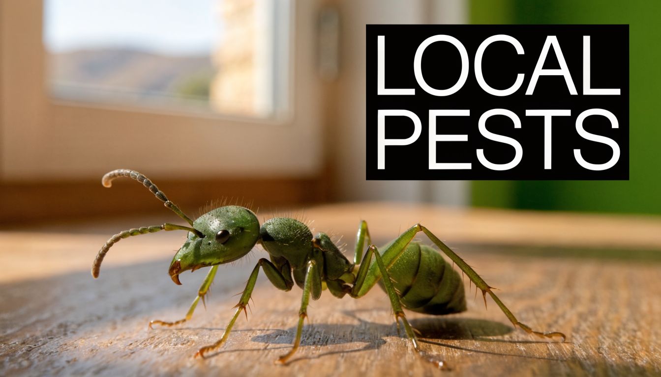 A close-up shot of a green ant walking on a wooden surface with text reading LOCAL PESTS.