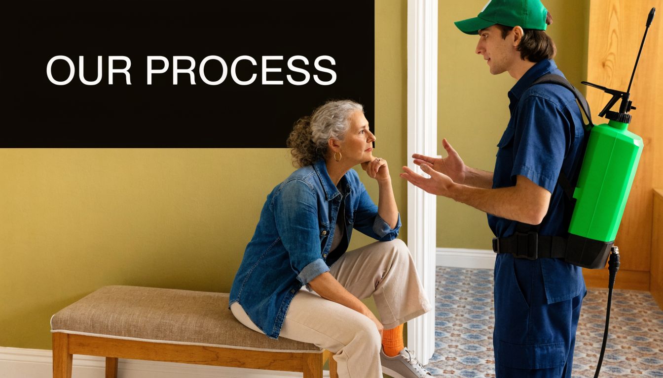 A professional pest control technician discusses services with an elderly woman sitting on a hallway bench.