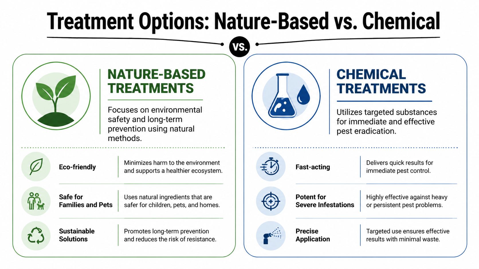 A comparison infographic showing the benefits of nature-based versus chemical treatments for home pest control.