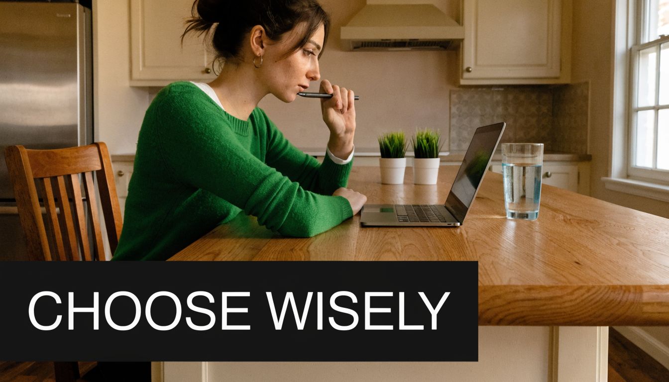 A woman in a green sweater thinking while looking at her laptop screen at a wooden table.